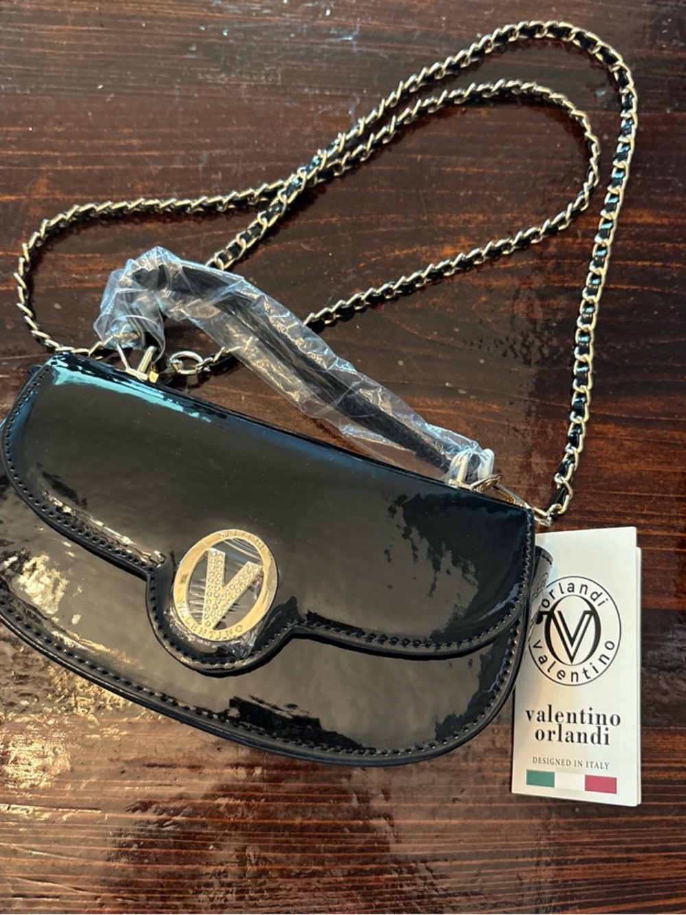Valentino Orlandi Black Patent Leather Chain Crossbody Bag with Gold Logo